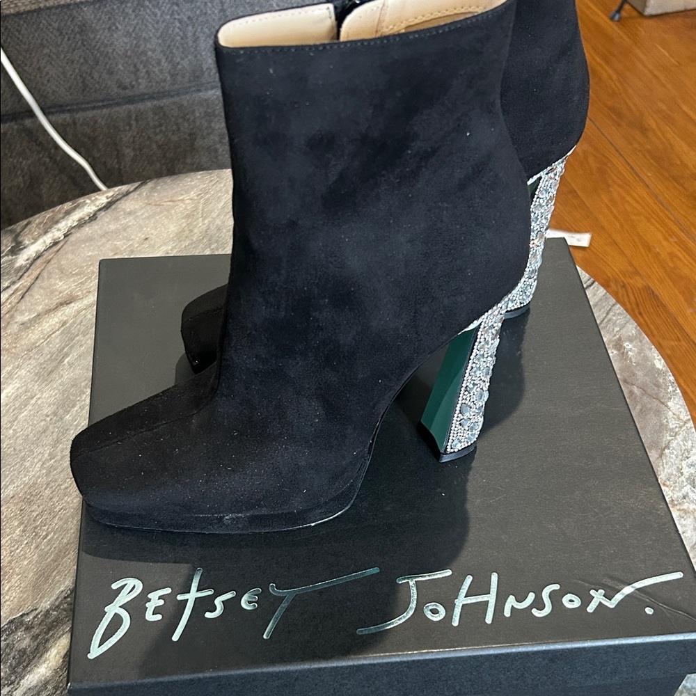 Betsey Johnson Black Suede Ankle Boots with Crystal-Trim Block Heel